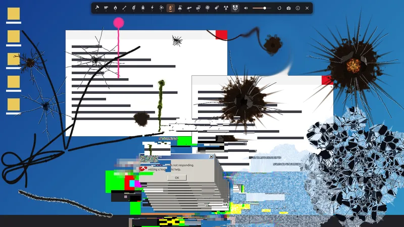A desktop wrecked by every weapon at once: hammer cracks, bullet holes, scorch marks, a laser cut, a black-hole swirl, frost, a virus outbreak and meteor craters, with the game's weapon menu along the top.