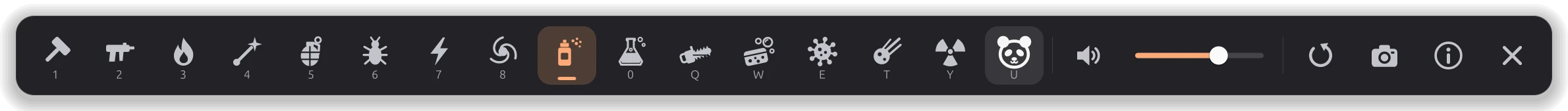 The game's menu, with the pandas switched on: the 15 weapons and the pandas with their keys, a volume slider with a mute button, then repair, save a picture, About and quit.