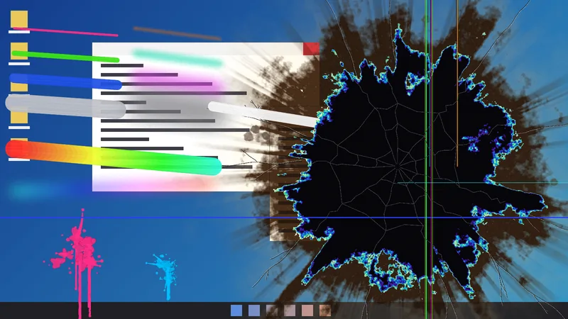 A desktop with a huge black nuke crater, cracked glass and dead stuck lines on the right, and rainbow spray-paint strokes and drippy splatters on the left.