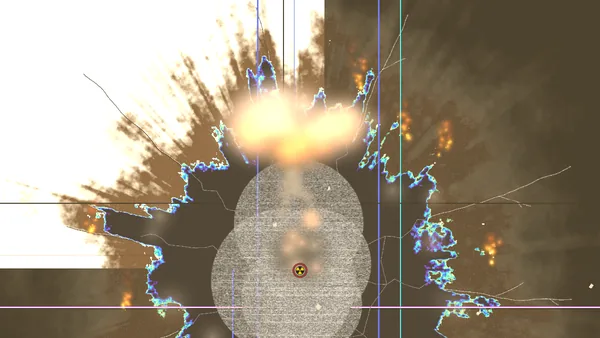 The game running for real: a mushroom cloud rises over a scorched crater next to a Notepad window, with fires burning round the edge.