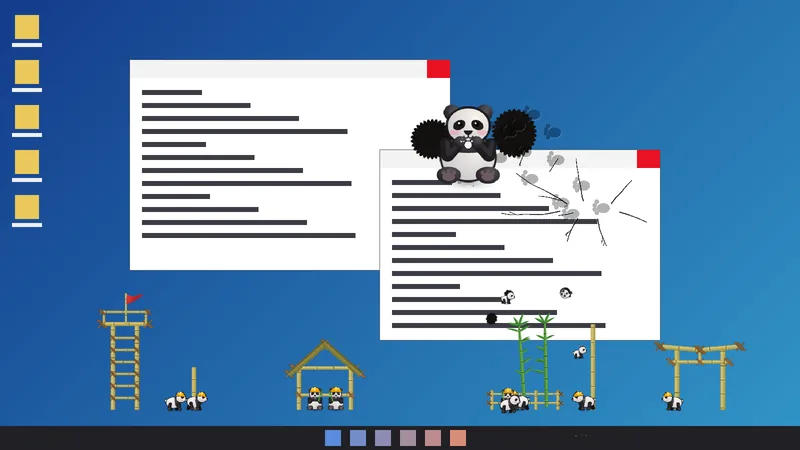 Pandas on the desktop: builders in yellow hard hats sit by the bamboo tower, hut, garden and gate they built, cubs tumble about, and a giant panda sits between two huge bites it has taken out of a window, munching a third.